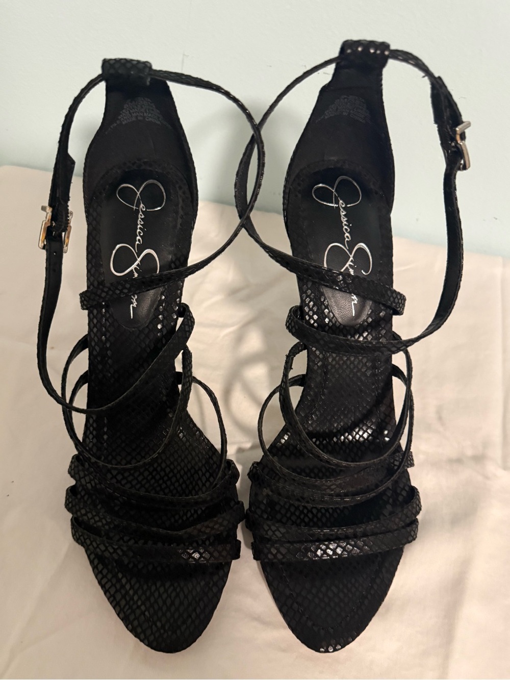 Jessica Simpson Black Braided Strappy Heels with a snakeskin look! Size 8.